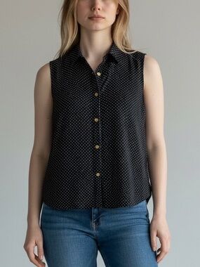 Anne Klein Sleeve-less Polka Dot Button-down Blouse Size 8